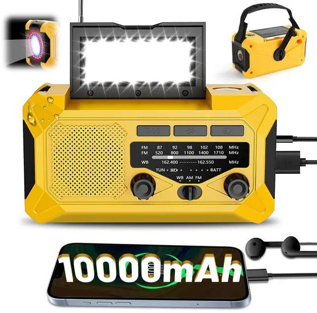 Main image of Emergency Hand Crank Radio with LED Flashlight, AM/FM NOAA Portable Weather Alert Radio, Solar Powered Radio with Phone Charger, USB Charged, Headphone Jack, SOS Alarm, Compass for Outdoors Yellow