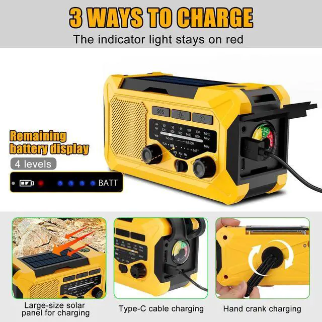 Alt view image 3 of 7 - Emergency Hand Crank Radio with LED Flashlight, AM/FM NOAA Portable Weather Alert Radio, Solar Powered Radio with Phone Charger, USB Charged, Headphone Jack, SOS Alarm, Compass for Outdoors Yellow