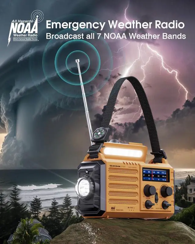 Alt view image 2 of 7 - Emergency Weather Radio 5-Way Powered NOAA Solar Hand Crank, AM/FM/SW, 18500mWh Power Bank, LED Flashlight, SOS Alarm Portable Survival Radio for Power Outages & Storms (Yellow)