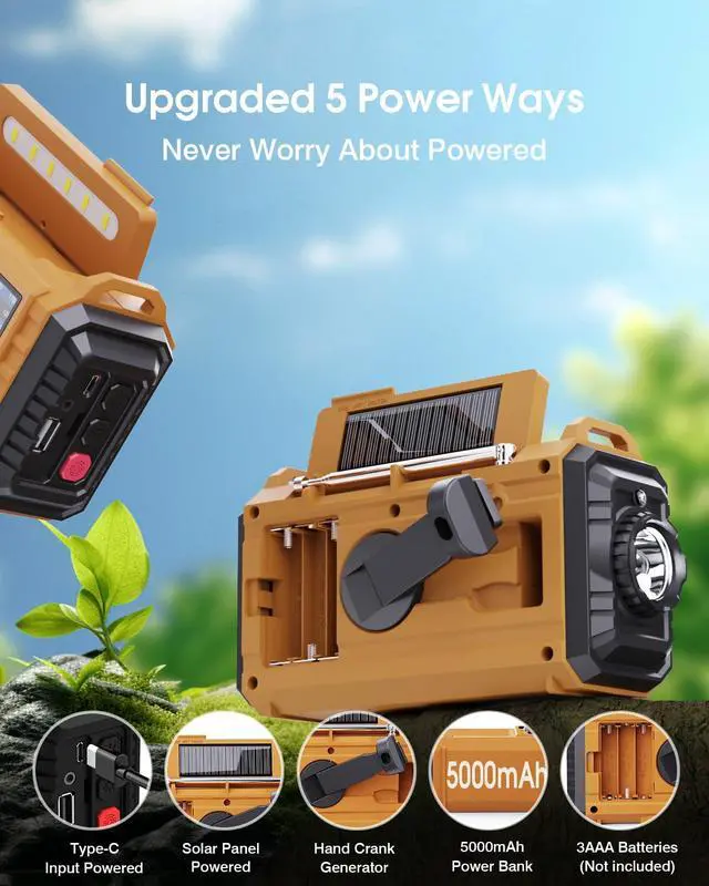 Alt view image 3 of 7 - Emergency Weather Radio 5-Way Powered NOAA Solar Hand Crank, AM/FM/SW, 18500mWh Power Bank, LED Flashlight, SOS Alarm Portable Survival Radio for Power Outages & Storms (Yellow)