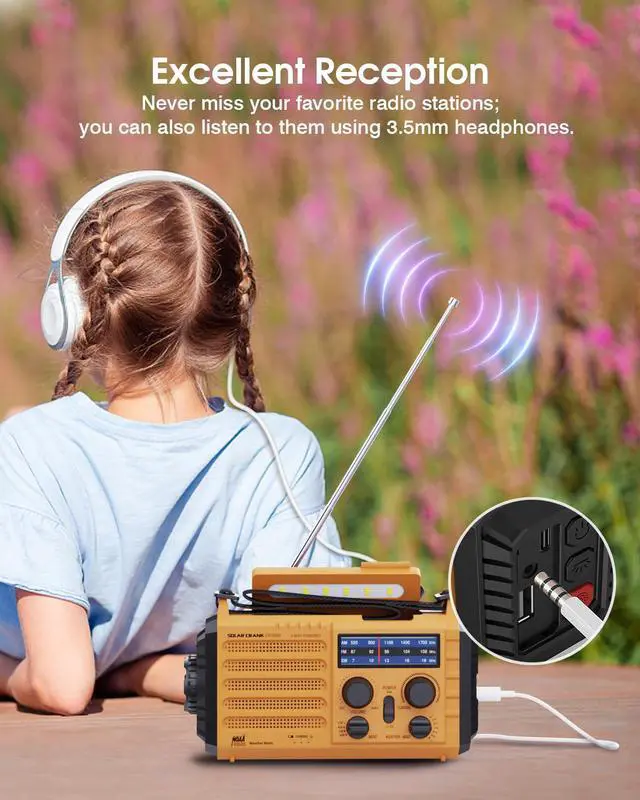 Alt view image 5 of 7 - Emergency Weather Radio 5-Way Powered NOAA Solar Hand Crank, AM/FM/SW, 18500mWh Power Bank, LED Flashlight, SOS Alarm Portable Survival Radio for Power Outages & Storms (Yellow)