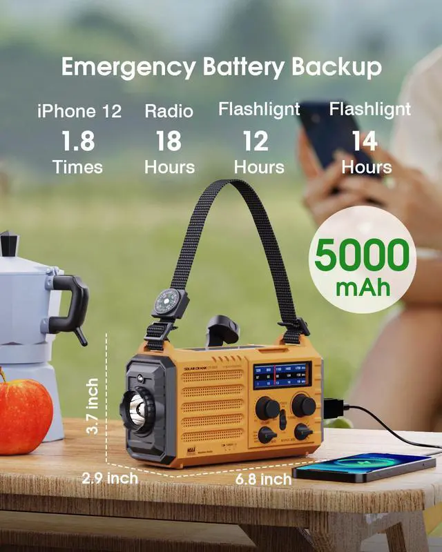 Alt view image 4 of 7 - Emergency Weather Radio 5-Way Powered NOAA Solar Hand Crank, AM/FM/SW, 18500mWh Power Bank, LED Flashlight, SOS Alarm Portable Survival Radio for Power Outages & Storms (Yellow)