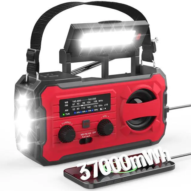 Main image of 10000mAh Emergency Radio, NOAA Weather Radio with AM/FM, 37000mWh Rechargeable Phone Power, USB/Solar/Hand Crank Charging, LED Flashlight, SOS Alarm, Reading Lamp for Indoor/Outdoor Emergencies