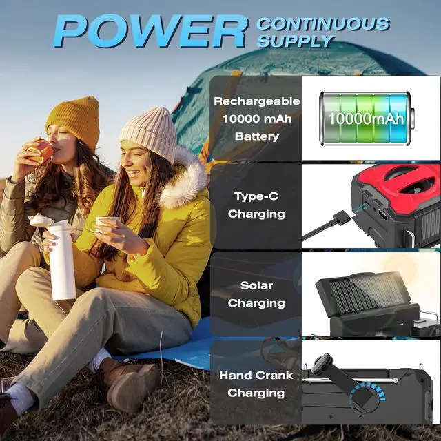 Alt view image 4 of 7 - 10000mAh Emergency Radio, NOAA Weather Radio with AM/FM, 37000mWh Rechargeable Phone Power, USB/Solar/Hand Crank Charging, LED Flashlight, SOS Alarm, Reading Lamp for Indoor/Outdoor Emergencies