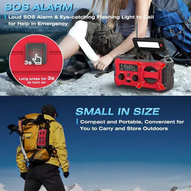 Alt view image 6 of 7 - 10000mAh Emergency Radio, NOAA Weather Radio with AM/FM, 37000mWh Rechargeable Phone Power, USB/Solar/Hand Crank Charging, LED Flashlight, SOS Alarm, Reading Lamp for Indoor/Outdoor Emergencies