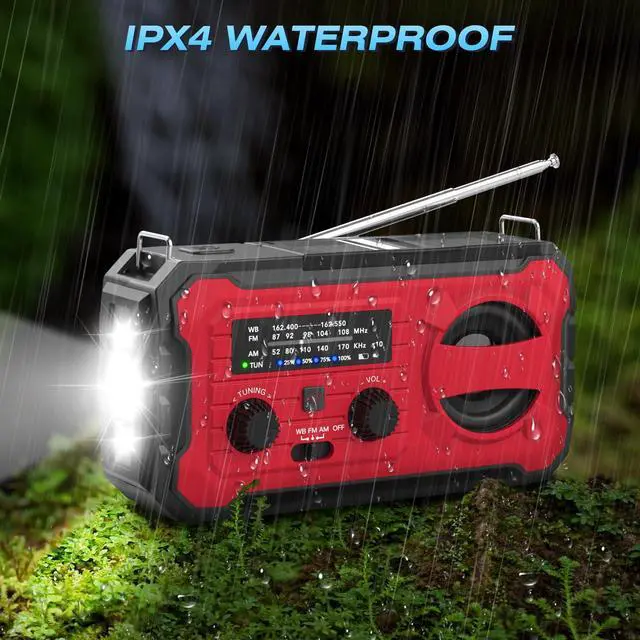 Alt view image 7 of 7 - 10000mAh Emergency Radio, NOAA Weather Radio with AM/FM, 37000mWh Rechargeable Phone Power, USB/Solar/Hand Crank Charging, LED Flashlight, SOS Alarm, Reading Lamp for Indoor/Outdoor Emergencies