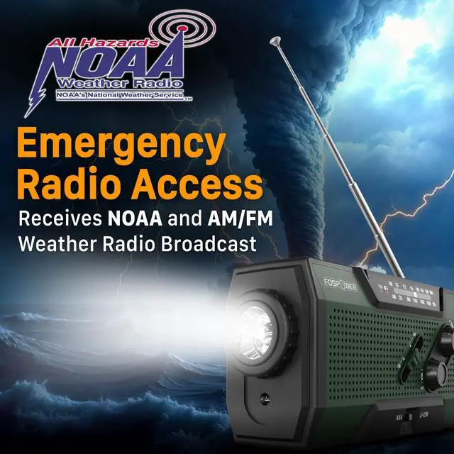 Alt view image 2 of 7 - NOAA Emergency Weather Radio A1 7400mWh Portable Power Bank, AM/FM, USB/Solar/Hand Crank Charging, Battery Operated, SOS Alarm & Flashlight for Indoor/Outdoor Emergency - Green
