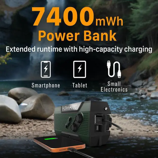 Alt view image 3 of 7 - NOAA Emergency Weather Radio A1 7400mWh Portable Power Bank, AM/FM, USB/Solar/Hand Crank Charging, Battery Operated, SOS Alarm & Flashlight for Indoor/Outdoor Emergency - Green