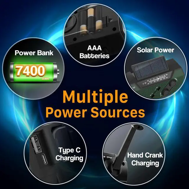 Alt view image 6 of 7 - NOAA Emergency Weather Radio A1 7400mWh Portable Power Bank, AM/FM, USB/Solar/Hand Crank Charging, Battery Operated, SOS Alarm & Flashlight for Indoor/Outdoor Emergency - Green