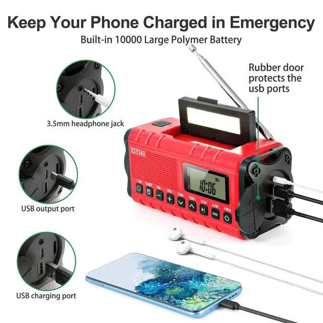 Alt view image 3 of 6 - Emergency Weather Radio 10000mAh, Portable Radio with Solar Charging, Hand Crank & Battery Operated NOAA Alert, LCD Display, SOS Alarm, AM/FM & LED Flashlight, Clock Radio for Outdoor Emergency