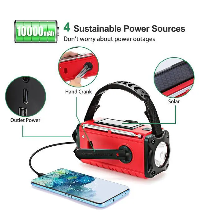 Alt view image 4 of 6 - Emergency Weather Radio 10000mAh, Portable Radio with Solar Charging, Hand Crank & Battery Operated NOAA Alert, LCD Display, SOS Alarm, AM/FM & LED Flashlight, Clock Radio for Outdoor Emergency