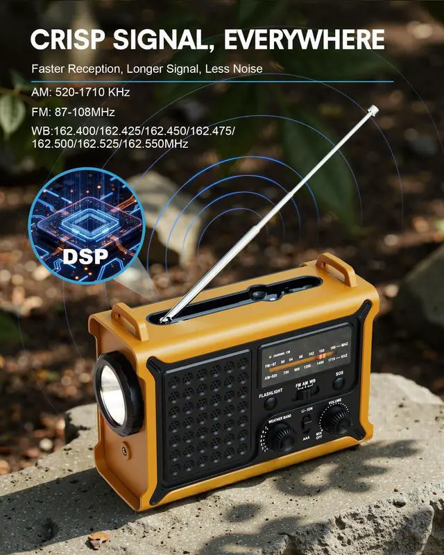 Alt view image 5 of 7 - Hand Crank Emergency Radio Solar with 12000mAh Power Bank, NOAA/AM/FM/Weather Alert, 5W LED Flashlight & Reading Lamp for Hurricanes, Blizzards, Power Outage, Survival Gear