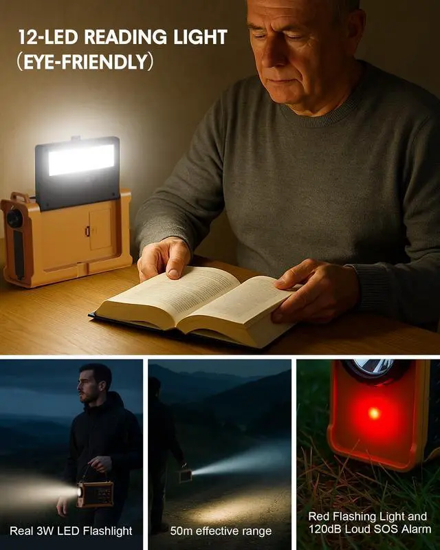 Alt view image 7 of 7 - Hand Crank Emergency Radio Solar with 12000mAh Power Bank, NOAA/AM/FM/Weather Alert, 5W LED Flashlight & Reading Lamp for Hurricanes, Blizzards, Power Outage, Survival Gear