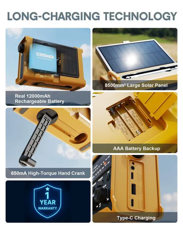 Alt view image 6 of 7 - Hand Crank Emergency Radio Solar with 12000mAh Power Bank, NOAA/AM/FM/Weather Alert, 5W LED Flashlight & Reading Lamp for Hurricanes, Blizzards, Power Outage, Survival Gear