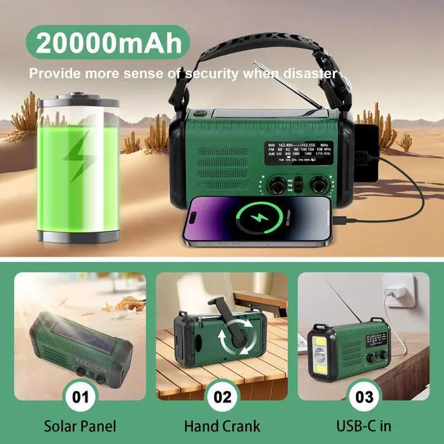 Alt view image 3 of 7 - 10000mAh Hand Crank Emergency Radio, NOAA Weather Radio with AM/FM & solar Radio, Rechargeable Battery, Flashlight & Reading Light, SOS Alarm, Compass Cell Phone Charger for Indoor Outdoor Emergencies