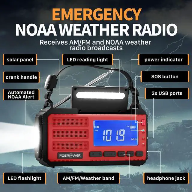 Alt view image 2 of 6 - NOAA Emergency Weather Radio D8 37000mWh Portable Power Bank, AM/FM, USB/Solar/Hand Crank Charging, SOS Alarm & Flashlight for Indoor/Outdoor Emergency - Red