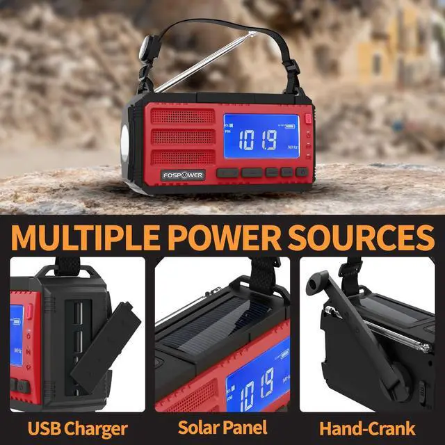 Alt view image 4 of 6 - NOAA Emergency Weather Radio D8 37000mWh Portable Power Bank, AM/FM, USB/Solar/Hand Crank Charging, SOS Alarm & Flashlight for Indoor/Outdoor Emergency - Red