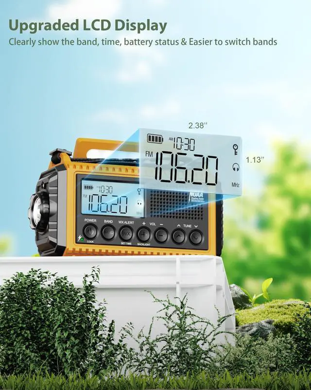 Alt view image 3 of 7 - Emergency Radio,Hand Crank NOAA Weather Radio with 12000mAh Rechargeable Battery, LCD Display,Auto Alert,AM/FM/Shortwave,SOS,USB Charging Port,Flashlight,Portable Solar Radio for Power Outage/Survival