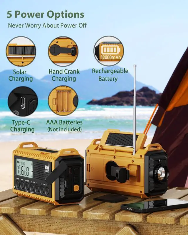 Alt view image 5 of 7 - Emergency Radio,Hand Crank NOAA Weather Radio with 12000mAh Rechargeable Battery, LCD Display,Auto Alert,AM/FM/Shortwave,SOS,USB Charging Port,Flashlight,Portable Solar Radio for Power Outage/Survival