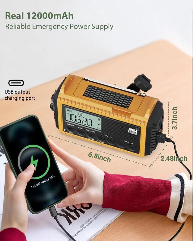 Alt view image 4 of 7 - Emergency Radio,Hand Crank NOAA Weather Radio with 12000mAh Rechargeable Battery, LCD Display,Auto Alert,AM/FM/Shortwave,SOS,USB Charging Port,Flashlight,Portable Solar Radio for Power Outage/Survival