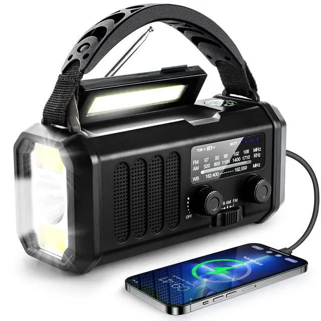 Alt view image 2 of 7 - 10000mAh Hand Crank Emergency Radio, NOAA Weather Radio with AM/FM & solar Radio, Rechargeable Battery, Flashlight & Reading Light, SOS Alarm, Compass Cell Phone Charger for Indoor Outdoor Emergencies