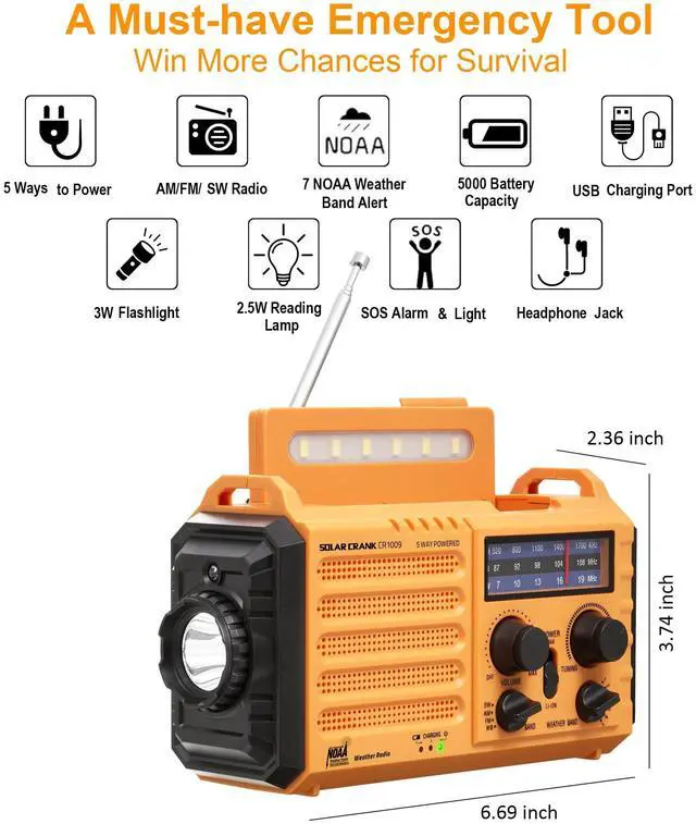 Alt view image 2 of 7 - NOAA/AM/FM Portable Weather Alert Radio with 5 LED Flashlight for Survival + Emergency Radio 5-ways Powered Crank Solar Battery Operated Portable AM FM SW NOAA Weather Alert Radio