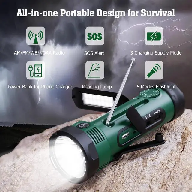 Alt view image 5 of 7 - NOAA/AM/FM Portable Weather Alert Radio with 5 LED Flashlight for Survival + Emergency Radio 5-ways Powered Crank Solar Battery Operated Portable AM FM SW NOAA Weather Alert Radio