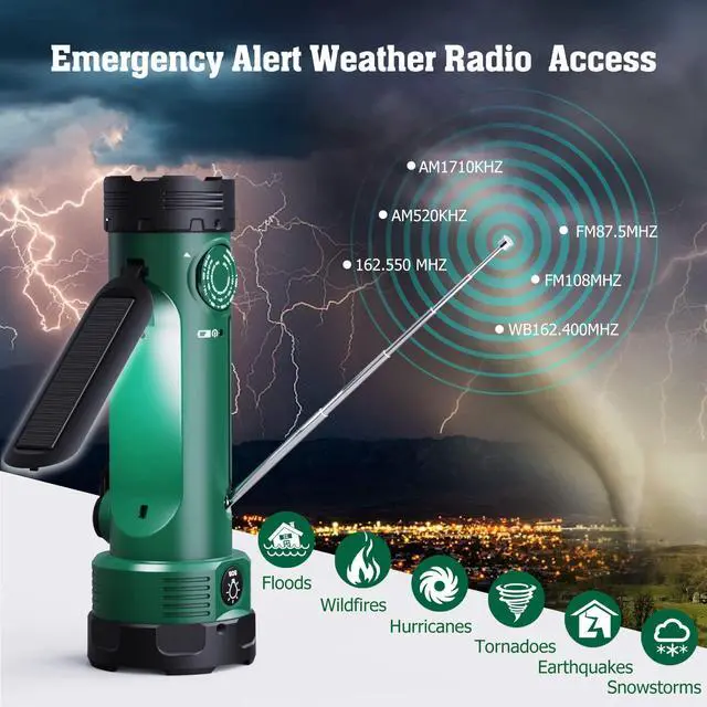 Alt view image 6 of 7 - NOAA/AM/FM Portable Weather Alert Radio with 5 LED Flashlight for Survival + Emergency Radio 5-ways Powered Crank Solar Battery Operated Portable AM FM SW NOAA Weather Alert Radio