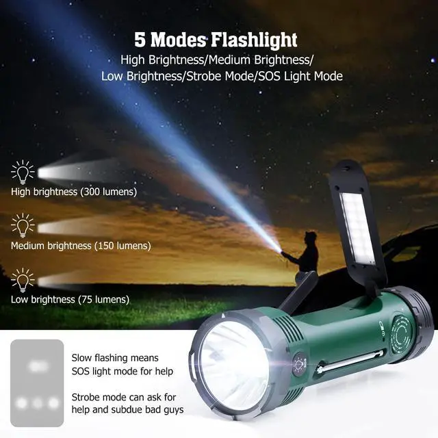 Alt view image 7 of 7 - NOAA/AM/FM Portable Weather Alert Radio with 5 LED Flashlight for Survival + Emergency Radio 5-ways Powered Crank Solar Battery Operated Portable AM FM SW NOAA Weather Alert Radio