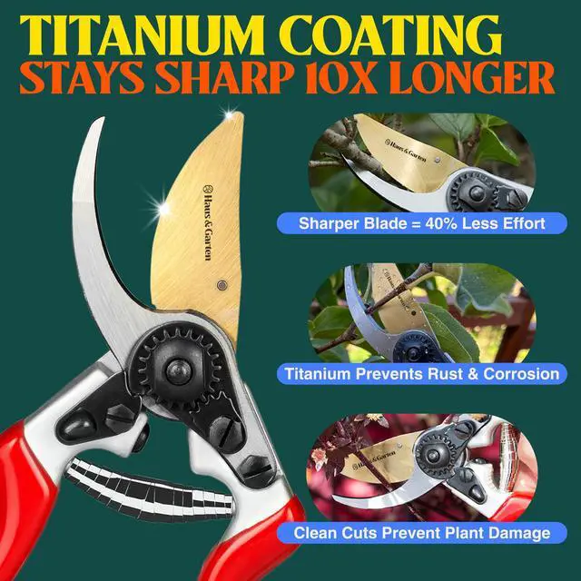 Alt view image 3 of 7 - EnduroPRO Ergonomic Bypass Pruners - Professional Titanium Garden Shears - Heavy Duty Hand Pruning Scissor, Tree Trimmer, Gardening Tool, Branch, Hedge, Rose, Shrub & Bush Clippers