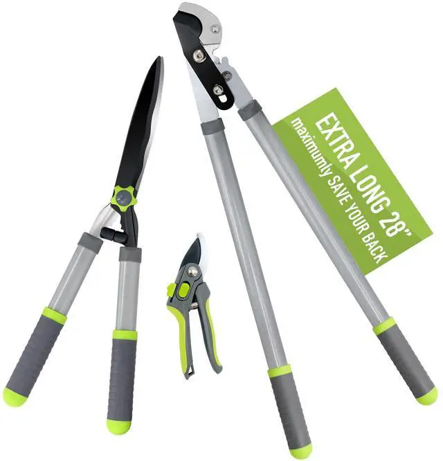 Main image of Garden Loppers Pruning Shears, Updated 3PCS Hedge Clippers Combo Set, Branch Cutter with Compound Action, Chops Thick High Branch Ease, Professional Tree Trimmer Set Heavy Duty