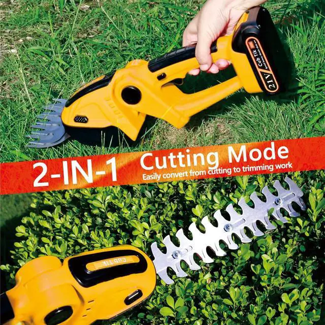 Alt view image 2 of 7 - Hedge Trimmer Cordless with Battery and Charger 21V Electric Brush Grass Shrub Trimmer 2 in 1 Handheld Mini Grass Shears Grass Cutter Battery Powered Hedge Trimmer Yellow