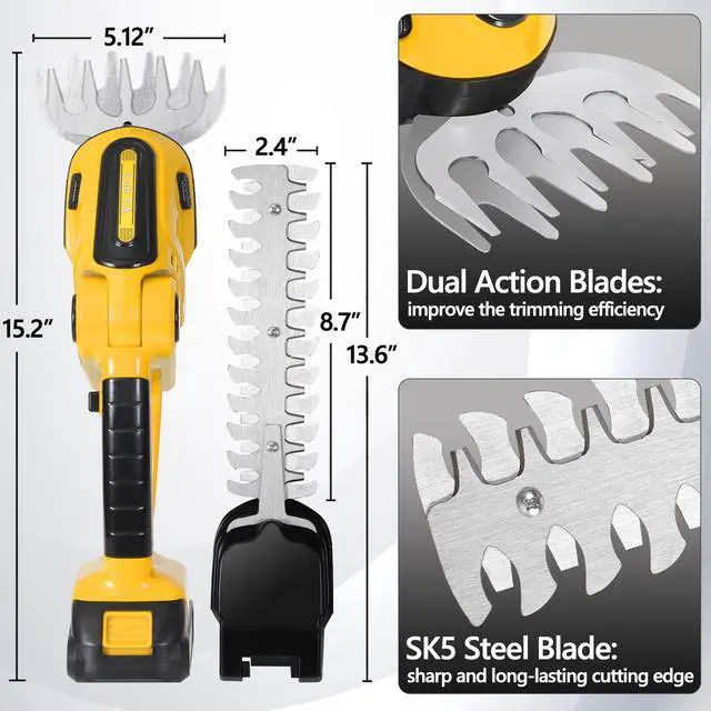 Alt view image 3 of 7 - Hedge Trimmer Cordless with Battery and Charger 21V Electric Brush Grass Shrub Trimmer 2 in 1 Handheld Mini Grass Shears Grass Cutter Battery Powered Hedge Trimmer Yellow