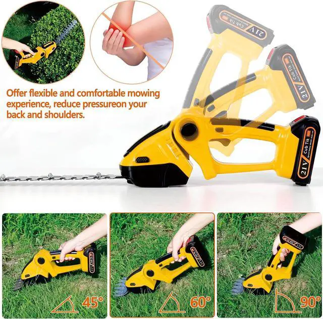 Alt view image 5 of 7 - Hedge Trimmer Cordless with Battery and Charger 21V Electric Brush Grass Shrub Trimmer 2 in 1 Handheld Mini Grass Shears Grass Cutter Battery Powered Hedge Trimmer Yellow
