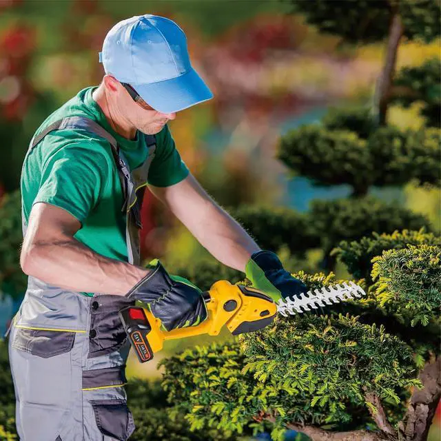 Alt view image 6 of 7 - Hedge Trimmer Cordless with Battery and Charger 21V Electric Brush Grass Shrub Trimmer 2 in 1 Handheld Mini Grass Shears Grass Cutter Battery Powered Hedge Trimmer Yellow