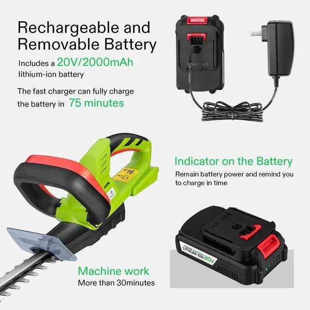 Alt view image 4 of 7 - 20" Cordless Hedge Trimmer, 20V Electric Bush Trimmer, 1400 RPM Shrub Trimmer, Dual-Action Laser Blade, 3/5" Cutting Capacity, Lightweight & Compact Trimmer, Battery and Fast Charger Included