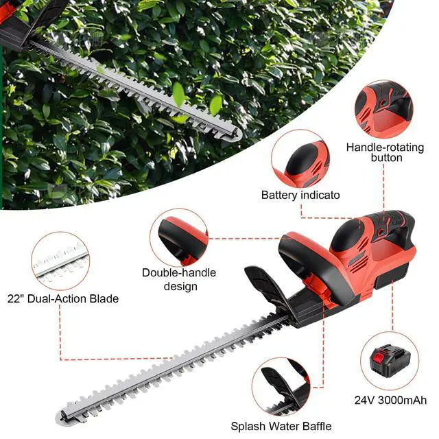 Alt view image 7 of 7 - 22 Cordless Hedge Trimmer, 24V Electric Shrub Trimmer, Bush Trimmer Cordless with 2 PCS 3.0Ah Rechargeable Battery and Charger, Electric Handheld Bush Clipper for Garden, Lawn