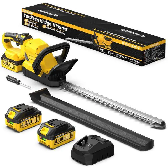 Main image of 21" Cordless Hedge Trimmer - 21V Portable Electric Bush Trimmer with 2 x 4.0Ah Batteries & Charger & 180° Rotatable Handle & Dual-Action Blade 3/5" Cutting Width for Garden Yard Maintenance