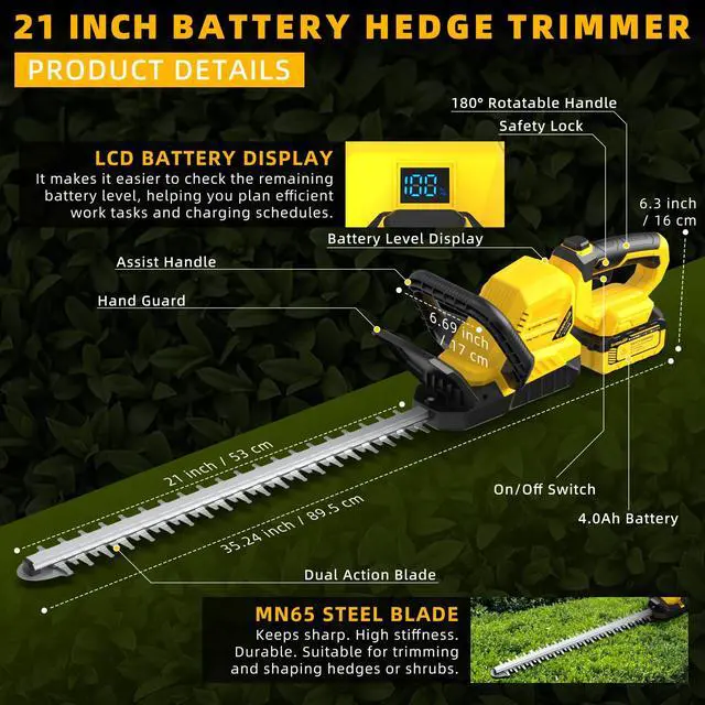Alt view image 2 of 7 - 21" Cordless Hedge Trimmer - 21V Portable Electric Bush Trimmer with 2 x 4.0Ah Batteries & Charger & 180° Rotatable Handle & Dual-Action Blade 3/5" Cutting Width for Garden Yard Maintenance