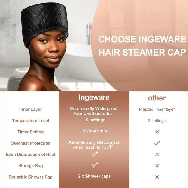 Alt view image 6 of 7 - Heat Cap for Deep Conditioning, Ingeware Thermal Cap for Hair Steamer Cap for Natural Hair Portable Electric Heat Hair Spa Cap for Home Use Pattern (Solid Black)