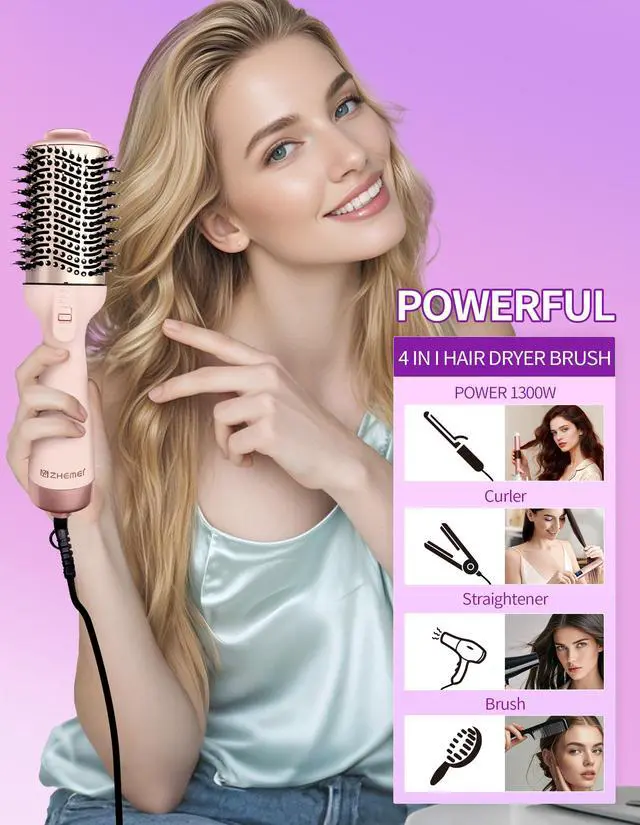 Alt view image 2 of 7 - 1300W Hair Dryer Brush,4 in 1 Blow Dryer Brush Anti-frizz Ceramic Titanium Barrel with ALCI Safety Plug Professional Salon Hot Air Brush for All Hair Types (Rosegold)