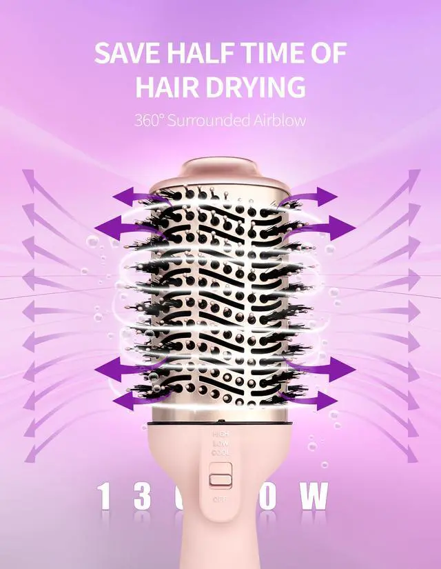 Alt view image 4 of 7 - 1300W Hair Dryer Brush,4 in 1 Blow Dryer Brush Anti-frizz Ceramic Titanium Barrel with ALCI Safety Plug Professional Salon Hot Air Brush for All Hair Types (Rosegold)