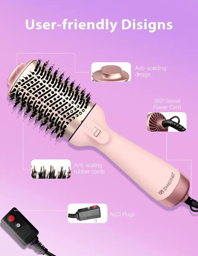 Alt view image 5 of 7 - 1300W Hair Dryer Brush,4 in 1 Blow Dryer Brush Anti-frizz Ceramic Titanium Barrel with ALCI Safety Plug Professional Salon Hot Air Brush for All Hair Types (Rosegold)