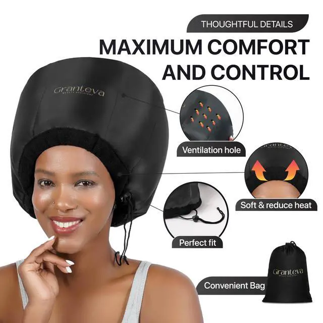 Alt view image 2 of 7 - Hooded Hair Dryer Attachment w/A Headband Integrated That Reduces Heat Around Ears & Neck - Hair Dryer Hooded Diffuser Cap for Curly, Speeds Up Drying Time, Deep Conditioning At Home - Portable, Large