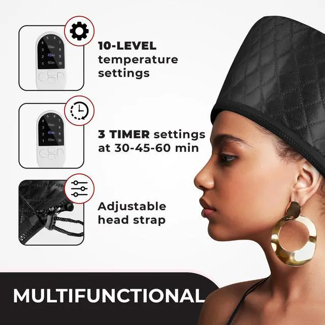 Alt view image 4 of 7 - Hair Steamer for Natural Hair Home Use w/10-level Heats Up Quickly, Heat Cap for Deep Conditioning - Thermal Heat Cap for Black Hair, Great for Deep Conditioner (Black)