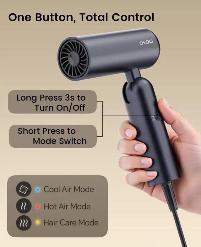 Alt view image 7 of 7 - Foldable Hair Dryer for Travel - Global Voltage with Auto-Sensing, 1B Plasma Particles, 200times/s Temp Control, Portable Blow Dryer with Single-Sided Comb, Gray