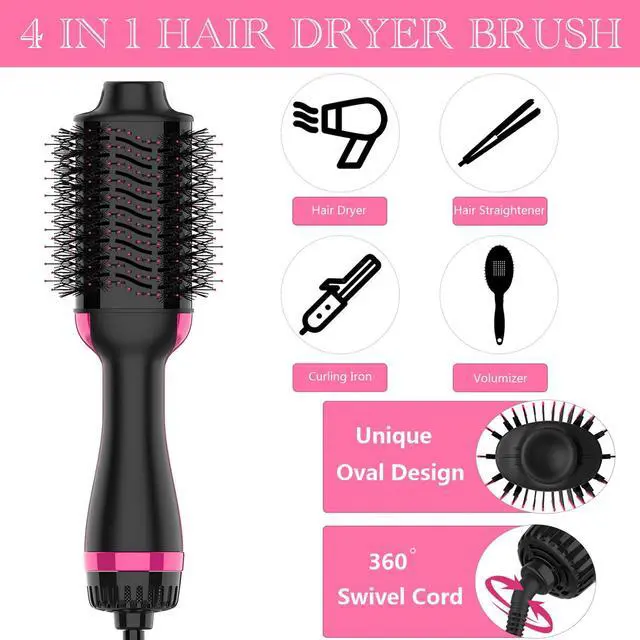 Alt view image 2 of 7 - Hair Dryer Brush, 4 in 1 One Step Hair Dryer and Styler Volumizer, Professional Hot Air Brush with Negative Ion Anti-frizz Blowout for Drying, Straightening, Salon, Black Pink