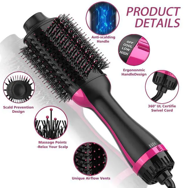 Alt view image 7 of 7 - Hair Dryer Brush, 4 in 1 One Step Hair Dryer and Styler Volumizer, Professional Hot Air Brush with Negative Ion Anti-frizz Blowout for Drying, Straightening, Salon, Black Pink