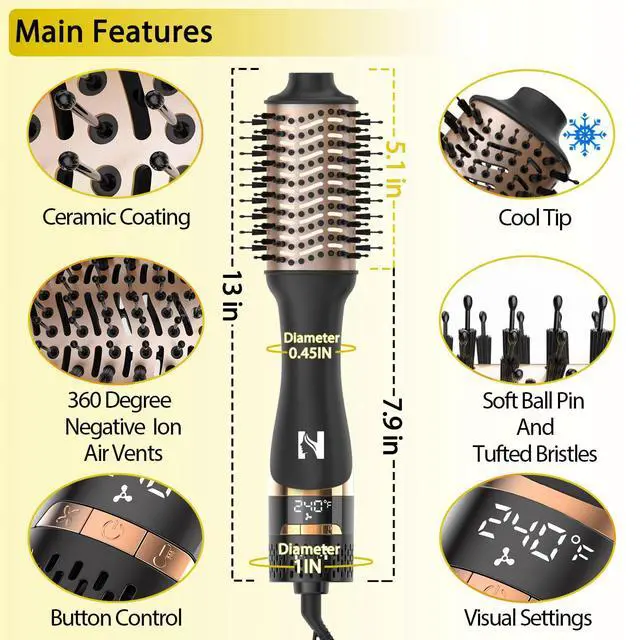 Alt view image 5 of 7 - Hair Dryer Brush, Blow Dryer Brush for Women Fast Styling, One Step Blowout Brush with Display Screen-Less Frizz, More Shine, Oval Ceramic Barrel, Negative Ion