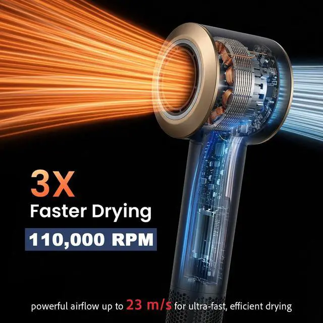 Alt view image 4 of 7 - Dual Voltage Hair Dryer for European Travel & Home Use, 110,000RPM Fast Drying Ionic Blow Dryer with Diffuser, Lightweight/Quiet/Portable Hairdryer with 4 Temps, 3 Speeds & Cool Shot Black